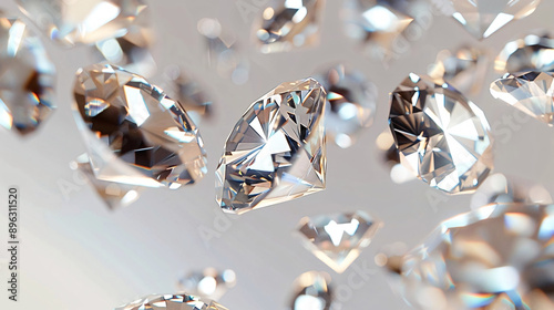 Beautiful diamonds floating in a soft, luminous background, showcasing their intricate cuts and radiant sparkle
