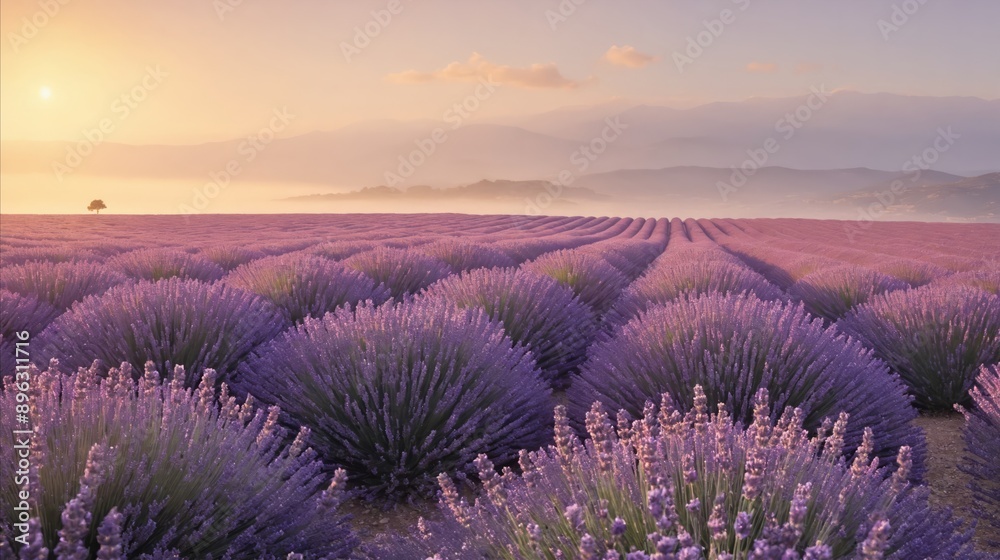 Obraz premium Lavender flowers on a dawn or dusk with blurry flower field background. Bloomy floral template with copy space for adding text or design. 