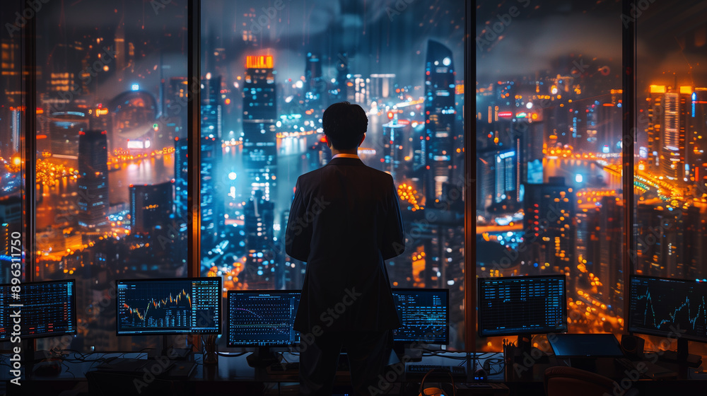 Businessman Contemplating the Night Cityscape Businessman Contemplating the Night Cityscape
