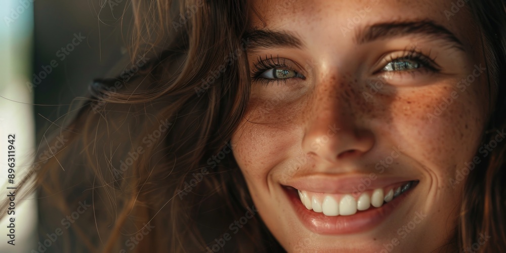 Happy woman with freckles laughing at the camera Happy woman with freckles laughing at the camera