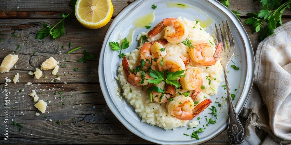 Shrimp and lemon over a bed of pasta in creamy white wine sauce. Gourmet cuisine. Serving on a rustic wooden table. Shrimp and lemon over a bed of pasta in creamy white wine sauce. Gourmet cuisine. Serving on a rustic wooden table.