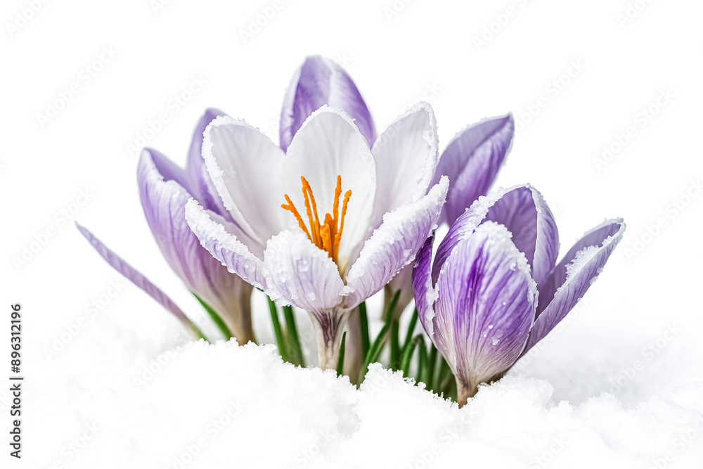 Fototapeta premium Crocus flower blooming in the snow