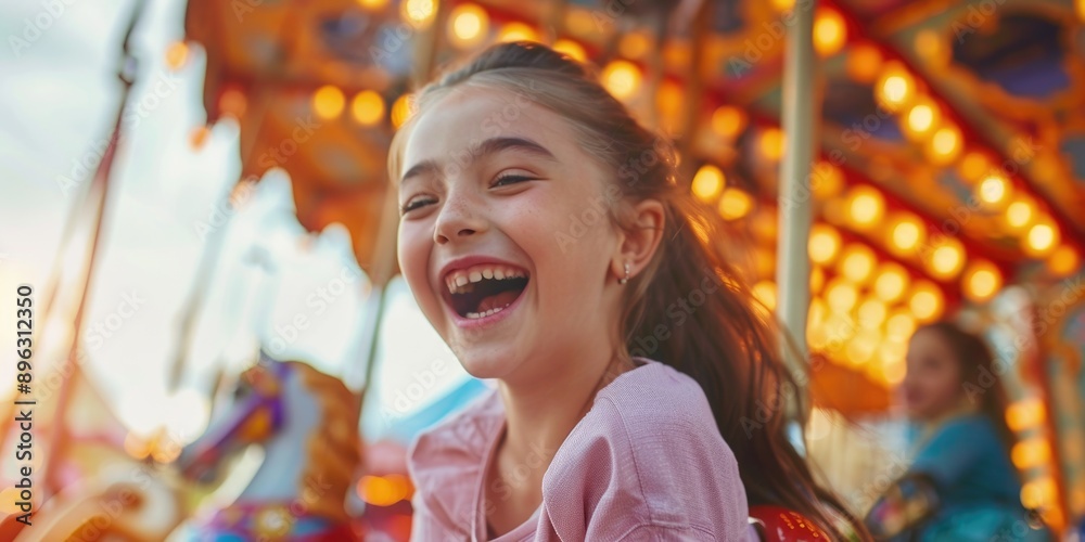 Laughing girl enjoying carousel ride at amusement park. Joyful, innocent fun in an outdoor setting. Laughing girl enjoying carousel ride at amusement park. Joyful, innocent fun in an outdoor setting.