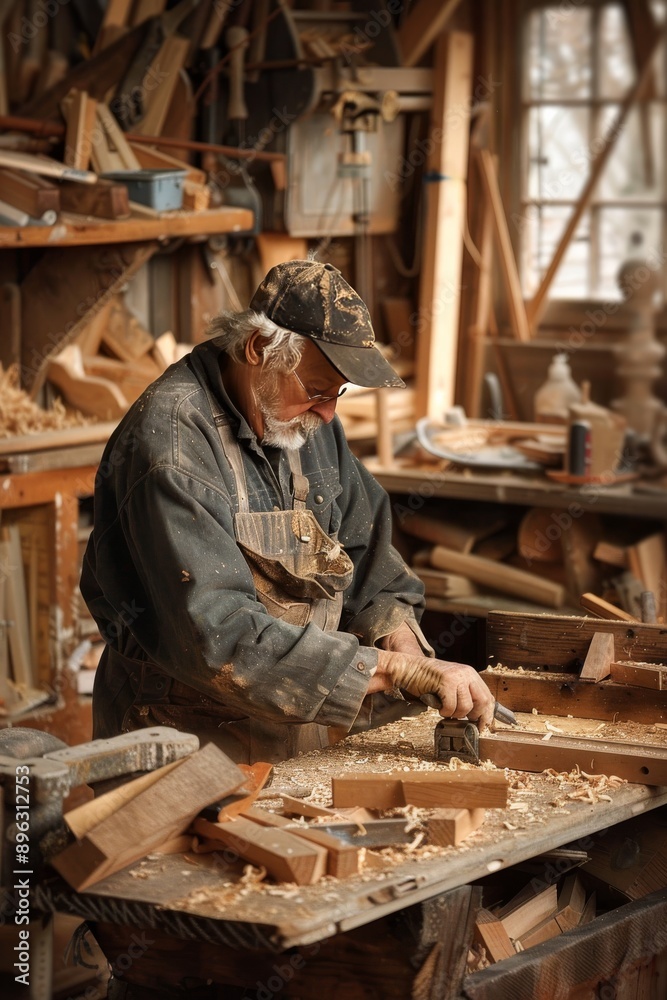 A carpenter in the workshop, captured in action with remarkable clarity like ultra-sharp photo A carpenter in the workshop, captured in action with remarkable clarity like ultra-sharp photo