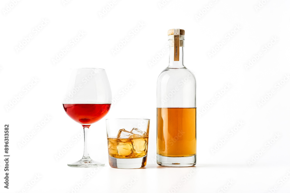 Glass of red wine, whiskey on the rocks, and bottle Glass of red wine, whiskey on the rocks, and bottle