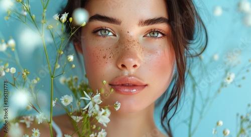 Woman With Blue Eyes Posing Near White Flowers
