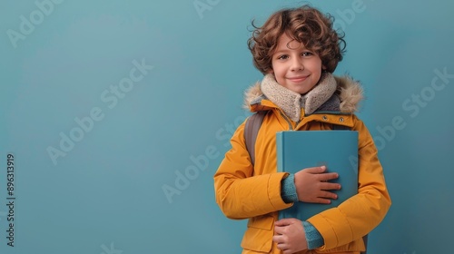 Boy Holding Book in Yellow Jacket Against Blue Wall