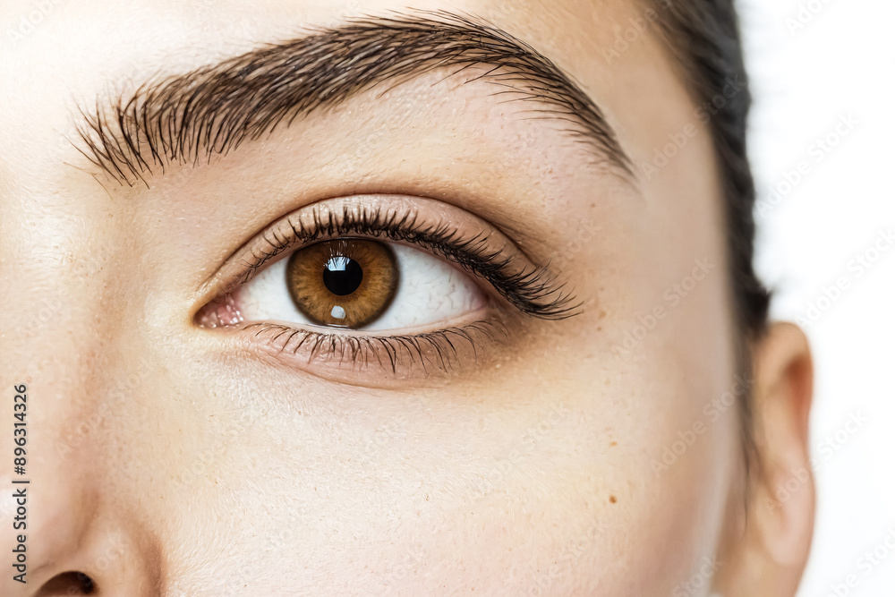 Fototapeta premium Close-up of a woman's eye with brown iris and long eyelashes
