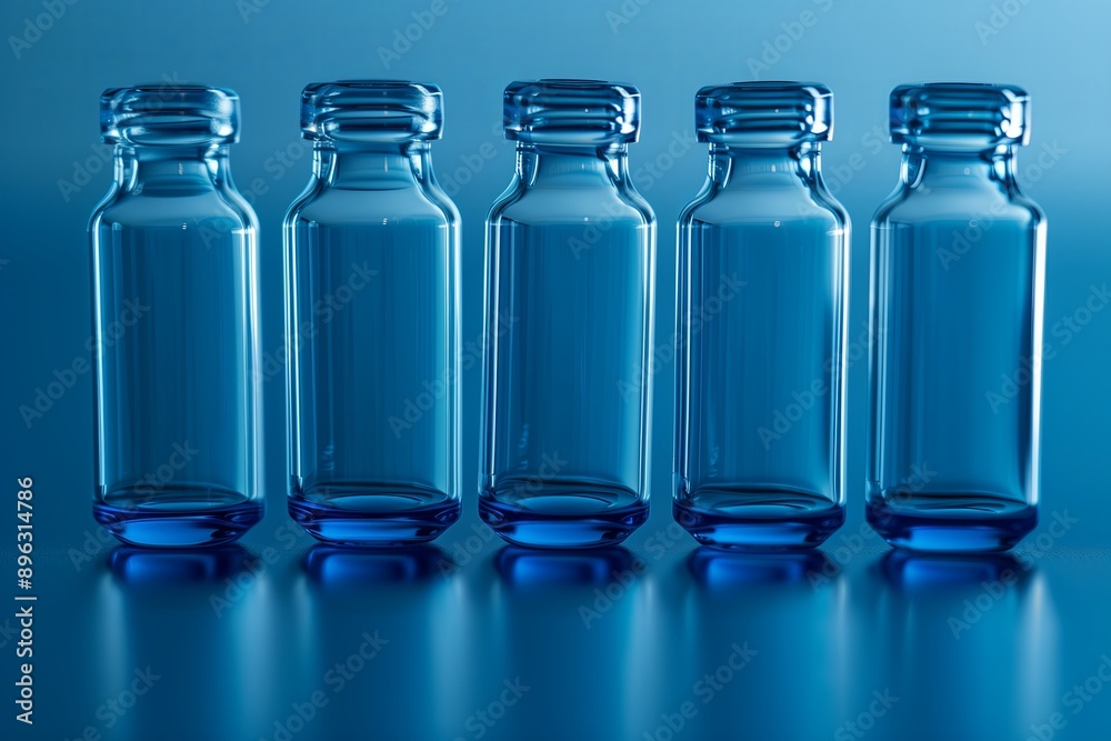 Ampoules of medicine standing in a row. Blue monochrome medical concept. Ampoules of medicine standing in a row. Blue monochrome medical concept.
