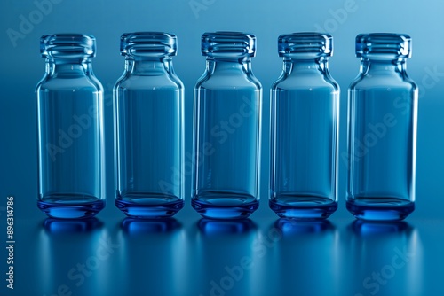 Ampoules of medicine standing in a row. Blue monochrome medical concept.