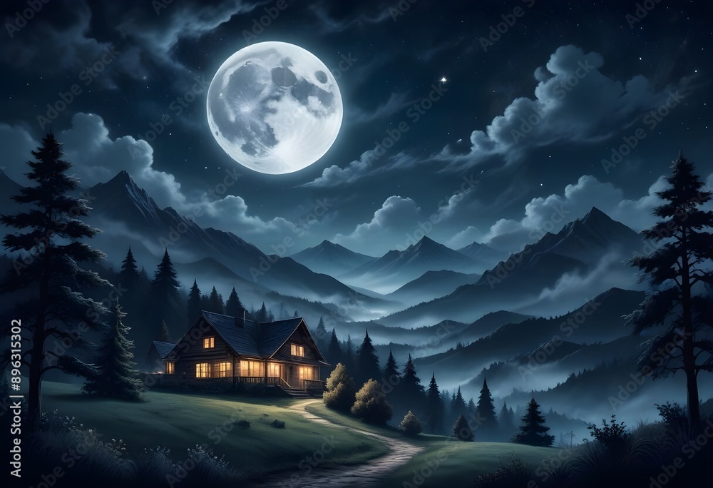 Fototapeta premium A mystical landscape with a full moon in the night sky, surrounded by swirling clouds and mountains in the background. In the foreground, there are silhouettes of trees and houses against the starry s