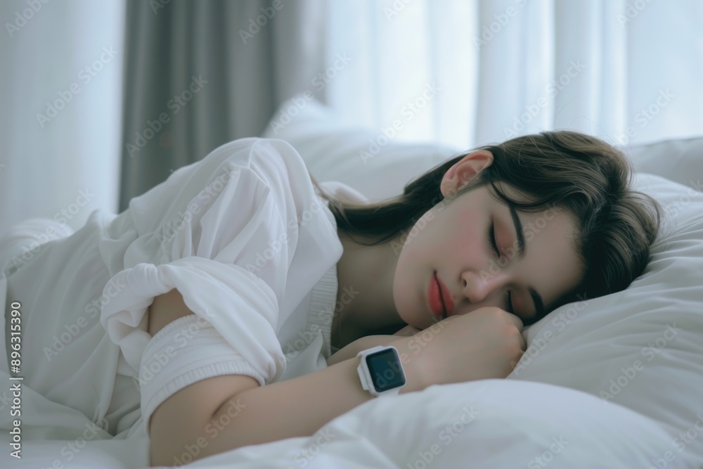Young woman sleeping in bed with white sheets. Young woman sleeping in bed with white sheets.