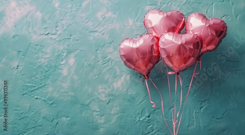 Pink Heart Balloons Against Teal Background