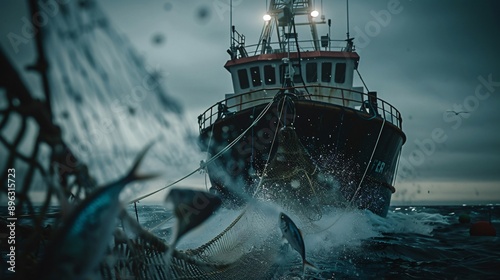 a fishing boat with a large net overfishing depleting marine life fish struggling in the net photo