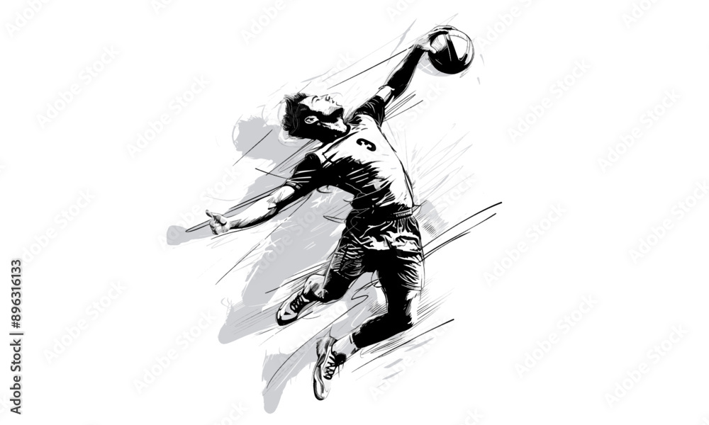 Volleyball player spiking the ball. Dynamic black and white illustration.