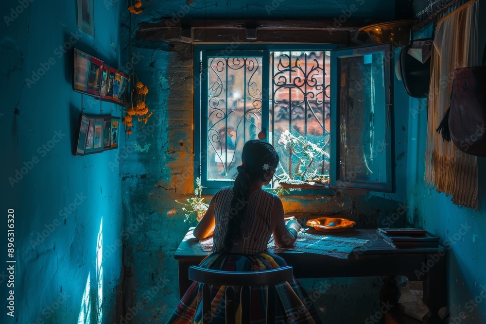 A girl sits at a table in the interior of an old house A girl sits at a table in the interior of an old house