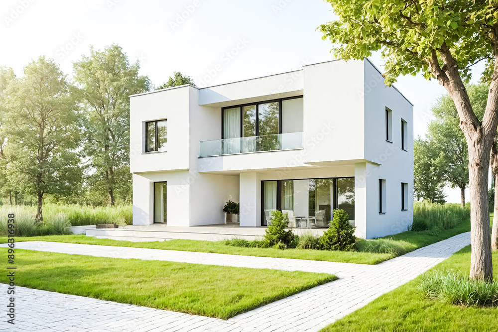 Modern White House with Green Grass and Trees Modern White House with Green Grass and Trees