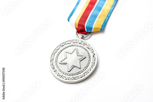 Silver Medal with Star Design and Colorful Ribbon