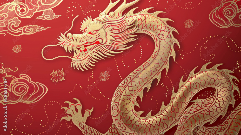Celebrate the Lunar New Year of the Dragon in 2025 with this design featuring intricate patterns and gold lettering on a red background. Celebrate the Lunar New Year of the Dragon in 2025 with this design featuring intricate patterns and gold lettering on a red background.