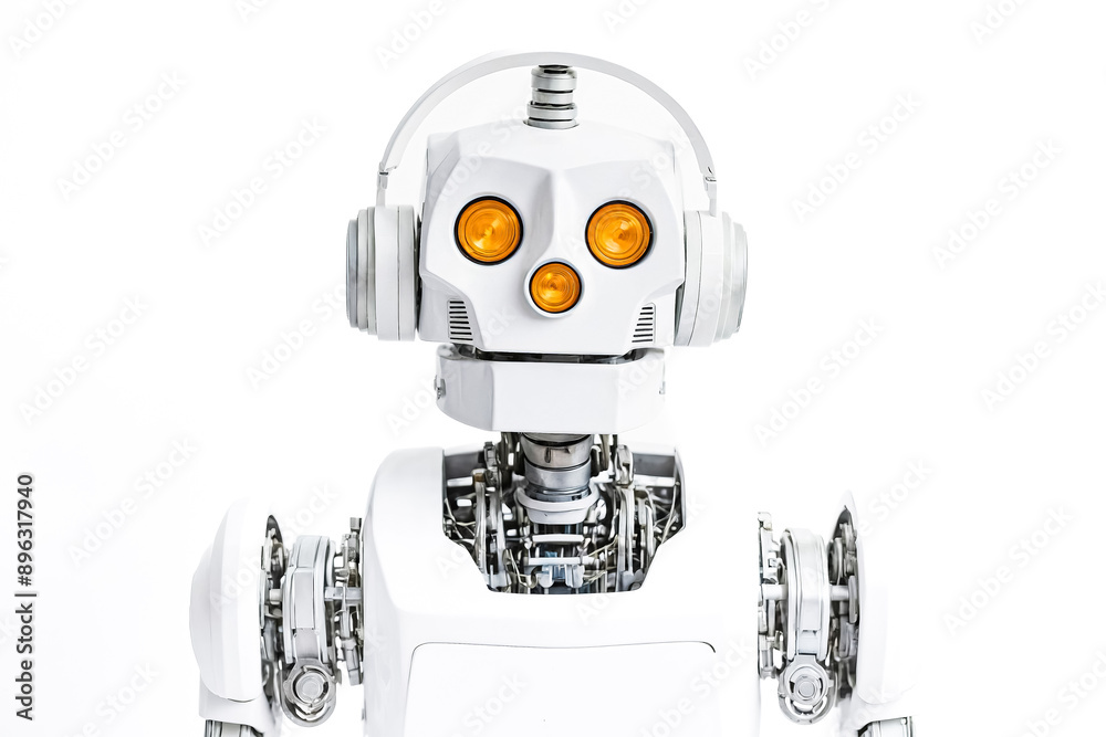 White Robot with Headphones on a White Background White Robot with Headphones on a White Background