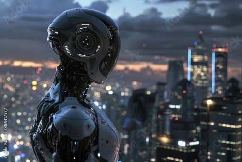Metallic humanoid robot with advanced technology and surveillance capabilities, overlooking a bustling cityscape at sunset.