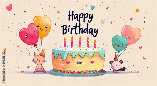 Happy Birthday Cake and Balloons Illustration