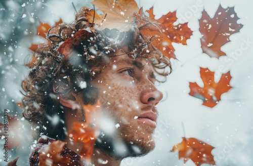 Young Man With Curly Hair and Freckles in Winter