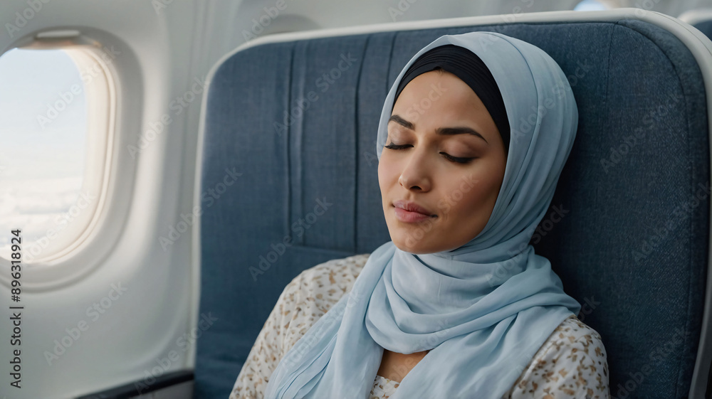 Muslim business woman wearing hijab is sleeping on plane during flight. Elegant woman taking a nap in business class, window seat
