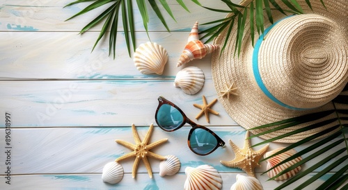 Summer Beach Accessories on Wooden Background