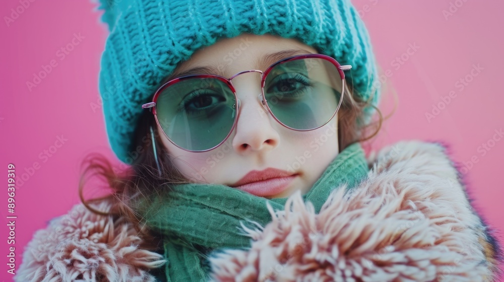 Girl in furry coat and sunglasses against pink background Girl in furry coat and sunglasses against pink background