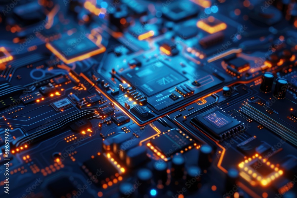 Electronic components on a circuit board with blue and orange lights. High-tech microchips for advanced computing. Electronic components on a circuit board with blue and orange lights. High-tech microchips for advanced computing.