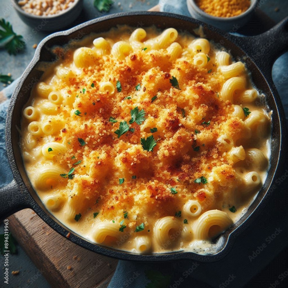 Macarrão ao molho branco ao sugo, gratinado com queijo ralado por cima e folhinhas de salsinha, feitos na frigideira de ferro. Macarrão ao molho branco ao sugo, gratinado com queijo ralado por cima e folhinhas de salsinha, feitos na frigideira de ferro.