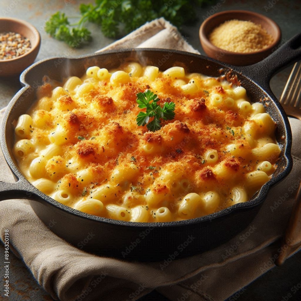 Macarrão ao molho branco ao sugo, gratinado com queijo ralado por cima e folhinhas de salsinha, feitos na frigideira de ferro. Macarrão ao molho branco ao sugo, gratinado com queijo ralado por cima e folhinhas de salsinha, feitos na frigideira de ferro.