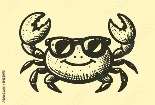 cool crab wearing sunglasses, vintage vacation sketch