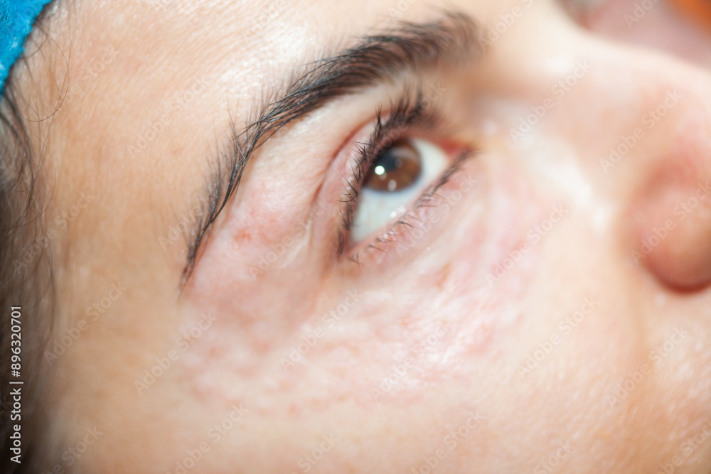 Fototapeta premium Female patient receiving a mesotherapy hydration procedure on eyelids with microneedles at dermatologist office.