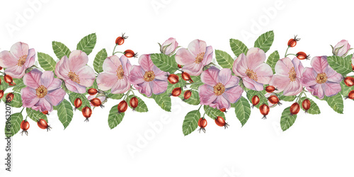 Wild rose seamless border showcases a mix of pink flowers and rosehips with green leaves in watercolor. Clipart for adding a natural touch to your designs, greeting cards, invitations, and event decor