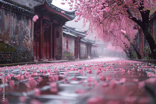 a street with pink flowers on it photo