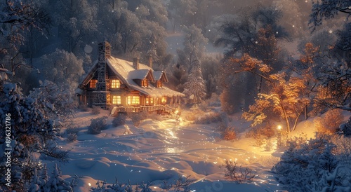 Snowy Cabin In The Woods At Dusk