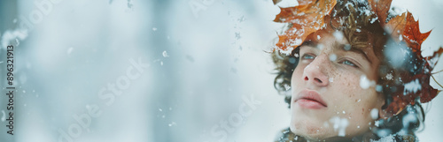 Young Man With Curly Hair and Freckles in Winter