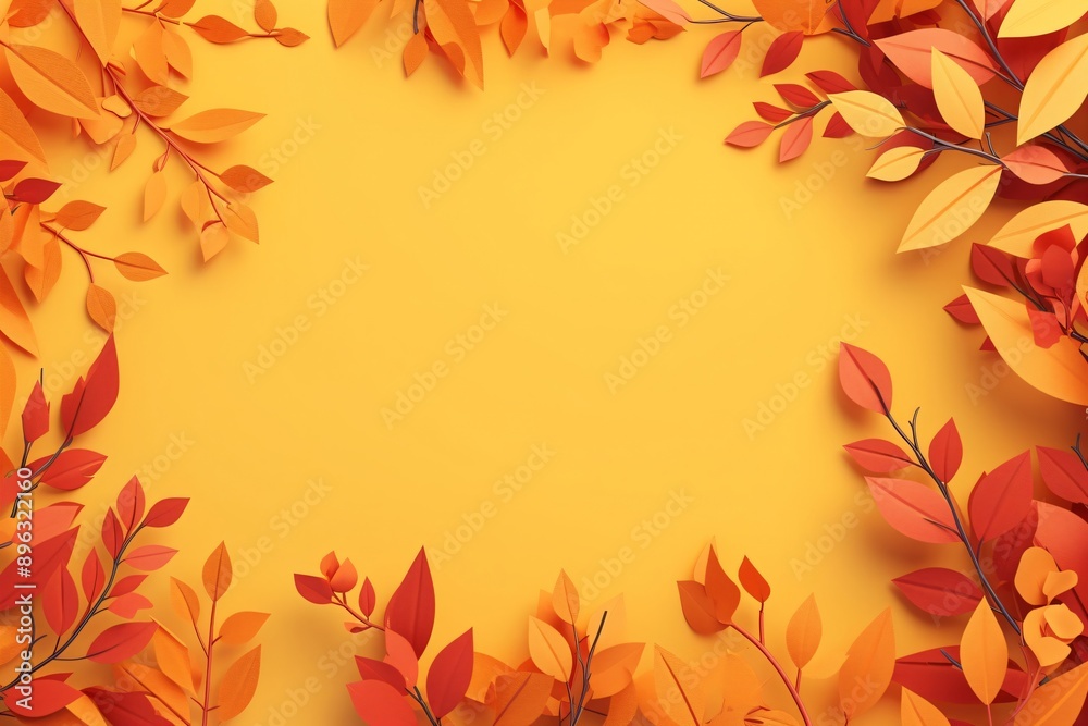 Frame made of colorful autumn leaves on yellow background with copy space. Hello autumn, Back to School. Thanksgiving Day holiday. Paper cut style. Illustration for greeting card, banner, poster Frame made of colorful autumn leaves on yellow background with copy space. Hello autumn, Back to School. Thanksgiving Day holiday. Paper cut style. Illustration for greeting card, banner, poster
