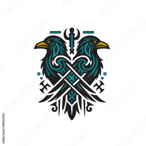 A vector logo of two ravens with their wings spread, featuring a symmetrical nordic design with black and teal colors. The theme is fantasy, blending mythology with medieval elements. The style blends