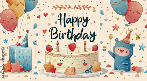 Happy Birthday Cake and Balloons Illustration