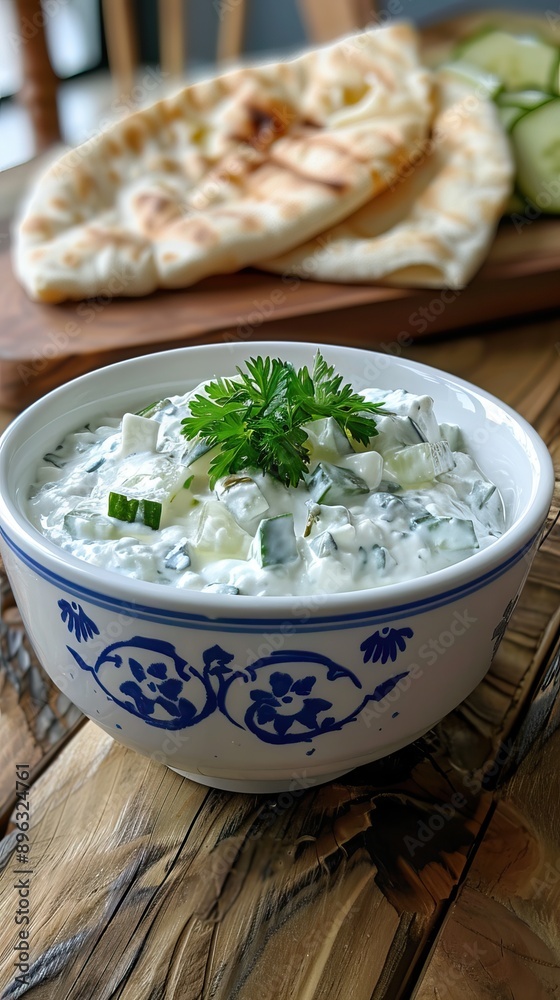 Tzatziki - Greek yogurt sauce. Traditional Tzatziki yoghurt sauce with cucumbers, olive oil and spices. AI generated illustration Tzatziki - Greek yogurt sauce. Traditional Tzatziki yoghurt sauce with cucumbers, olive oil and spices. AI generated illustration