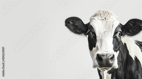 A close up of a cow's face. The cow is looking at the camera with a curious expression. The cow's fur is black and white. The background is white.