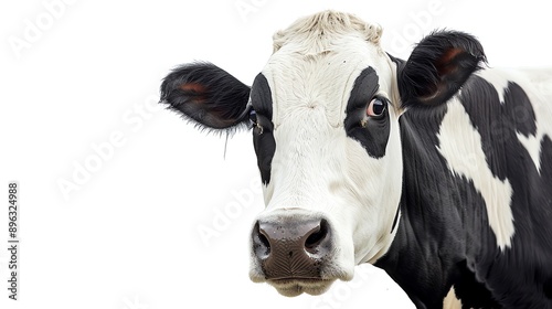 A close up of a cow's face. The cow is looking at the camera with a curious expression. It has black and white fur, and its nose is wet and shiny. photo