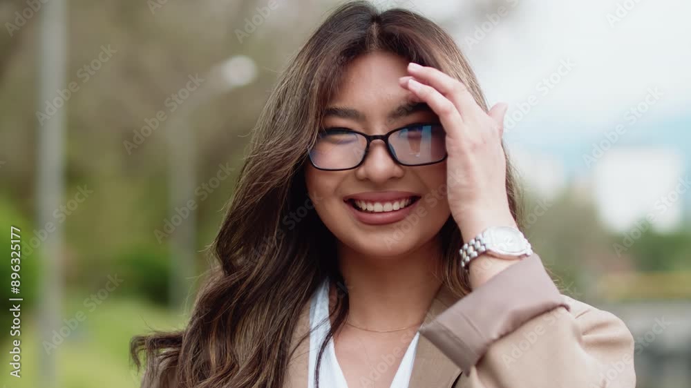 Portrait of a young attractive asian woman in glasses close up, standing in an outdoor city park, looking at the camera, straightening her hair and smiling Portrait of a young attractive asian woman in glasses close up, standing in an outdoor city park, looking at the camera, straightening her hair and smiling
