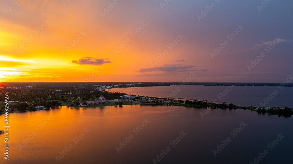 Aerial view of Lake Jackson, Sebring, Florida, USA. Summer 2024. Beautiful sunset. Aerial view of Lake Jackson, Sebring, Florida, USA. Summer 2024. Beautiful sunset.
