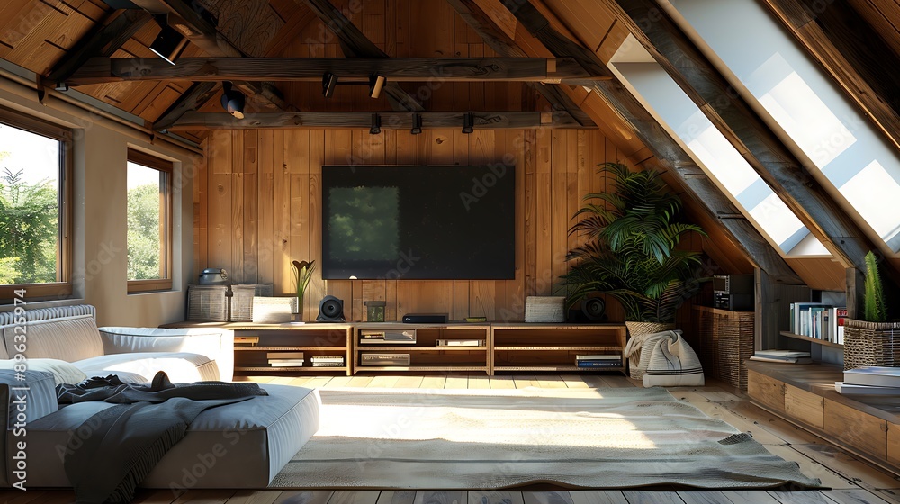 Attic loft wooden room with television set Attic loft wooden room with television set