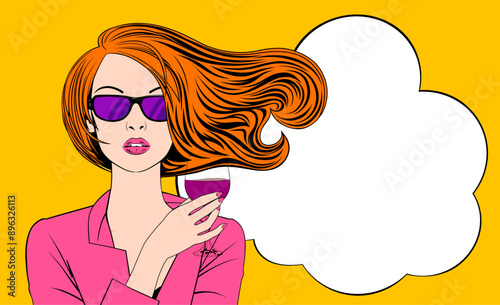 A beautiful girl with long flowing hair, wearing sunglasses, with a glass of red wine in her hand and a speech bubble. Colorful drawing in retro comic and 
line engraving style. Vector illustration