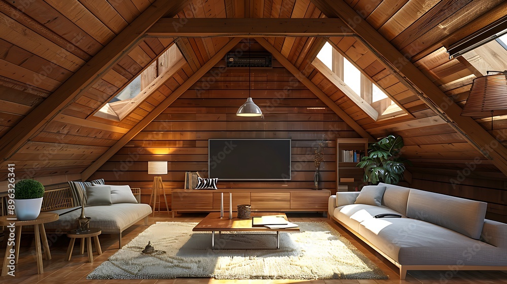 Attic loft wooden room with television set Attic loft wooden room with television set